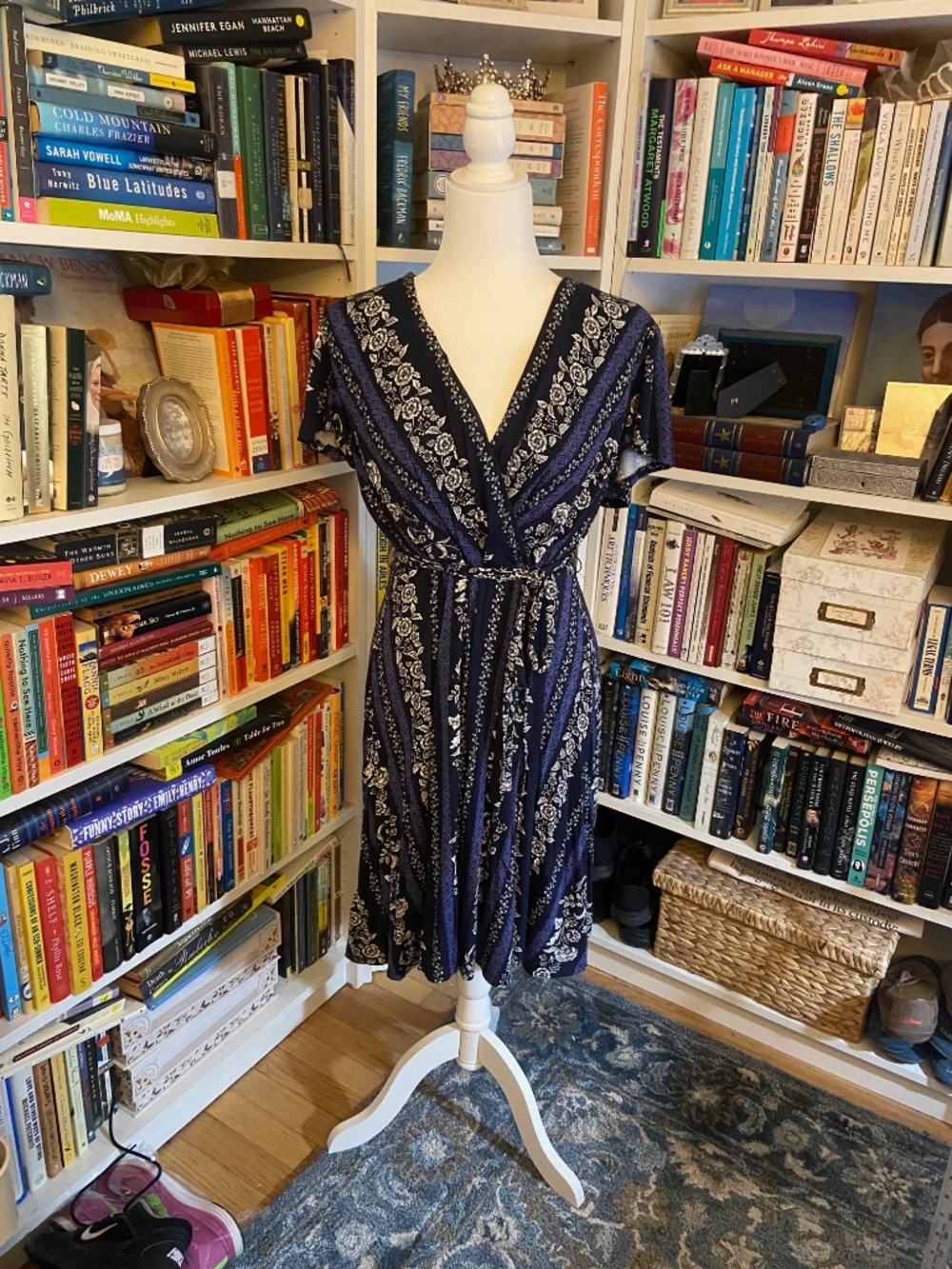 LOFT Casual Faux Wrap Dress, Striped Black and Blue Floral, Size 14